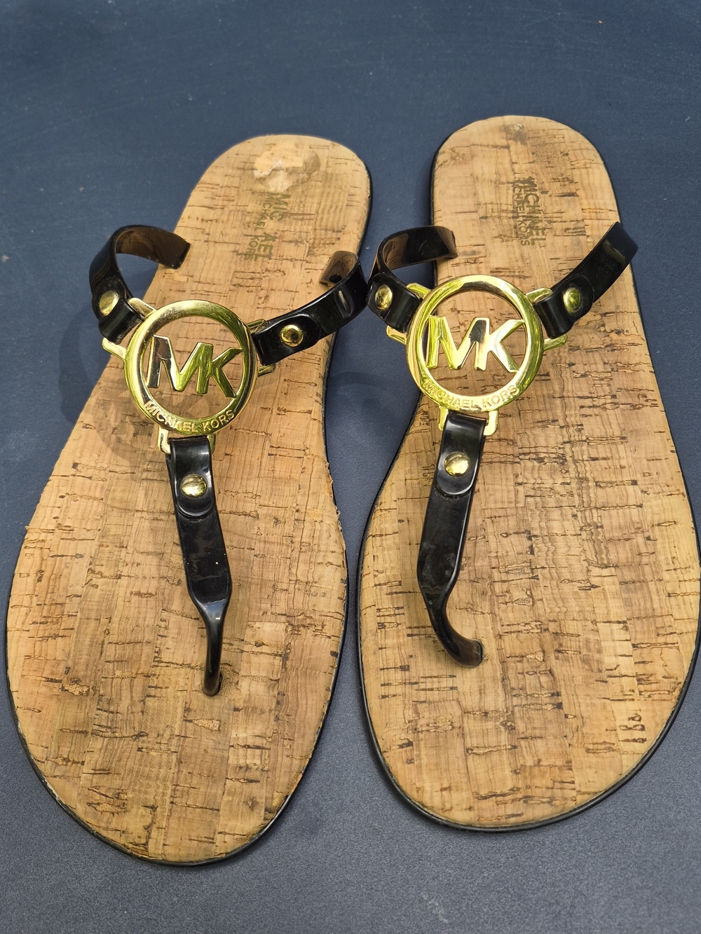 Michael Kors Black Patent Thong Sandals with Gold MK Emblem